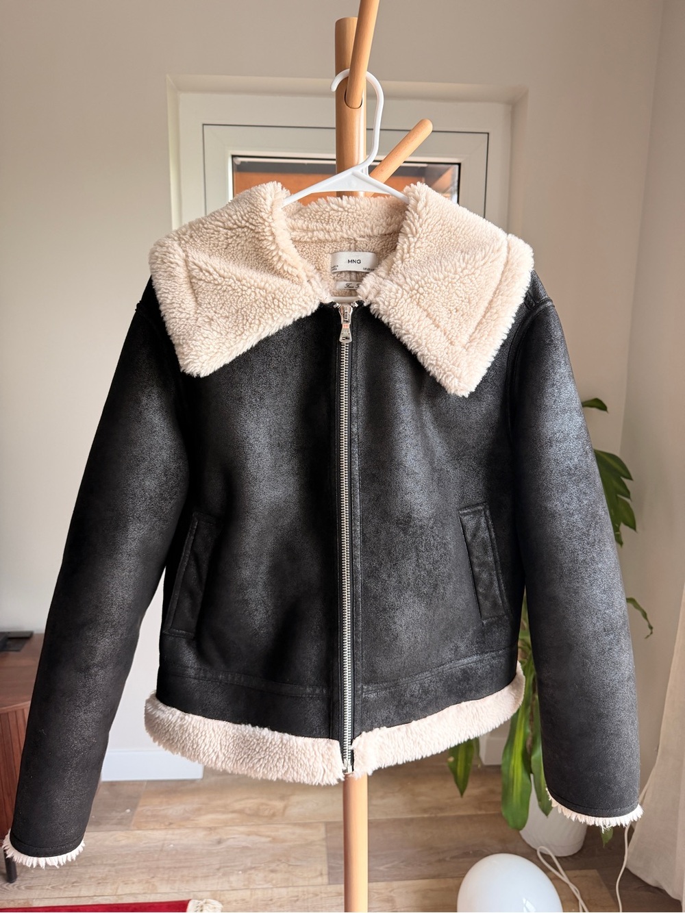 Mango Black Faux-Suede Teddy Jacket with Cream Sherpa Collar